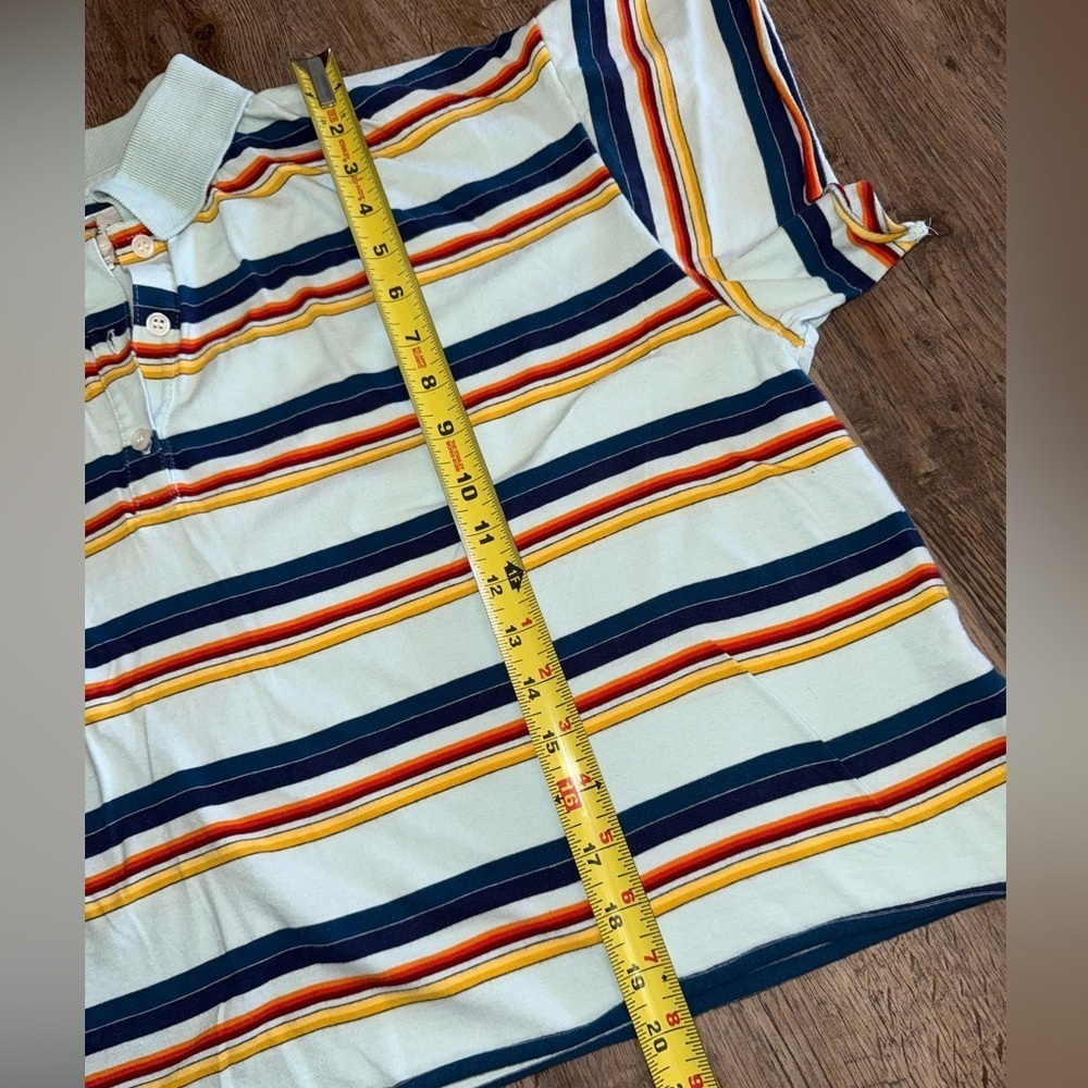 THE GREAT. Mint Striped Polo Tee with Navy, Red and Orange Stripes 1 - Picture 8 of 12